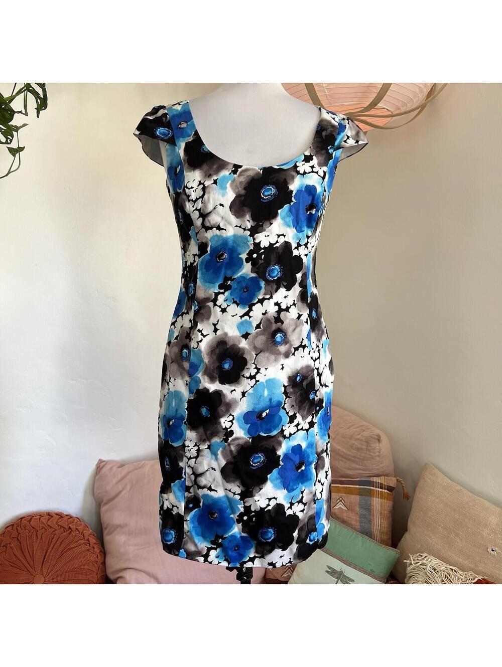 Suzi Chin Maggy Boutique Blue Black White Floral Watercolor Calypso Dress Small